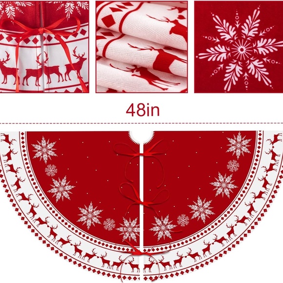 Christmas Tree Skirt 48 inch Tree Skirt Large Snowflake Reindeer Red Tree Skirt - Picture 5 of 11